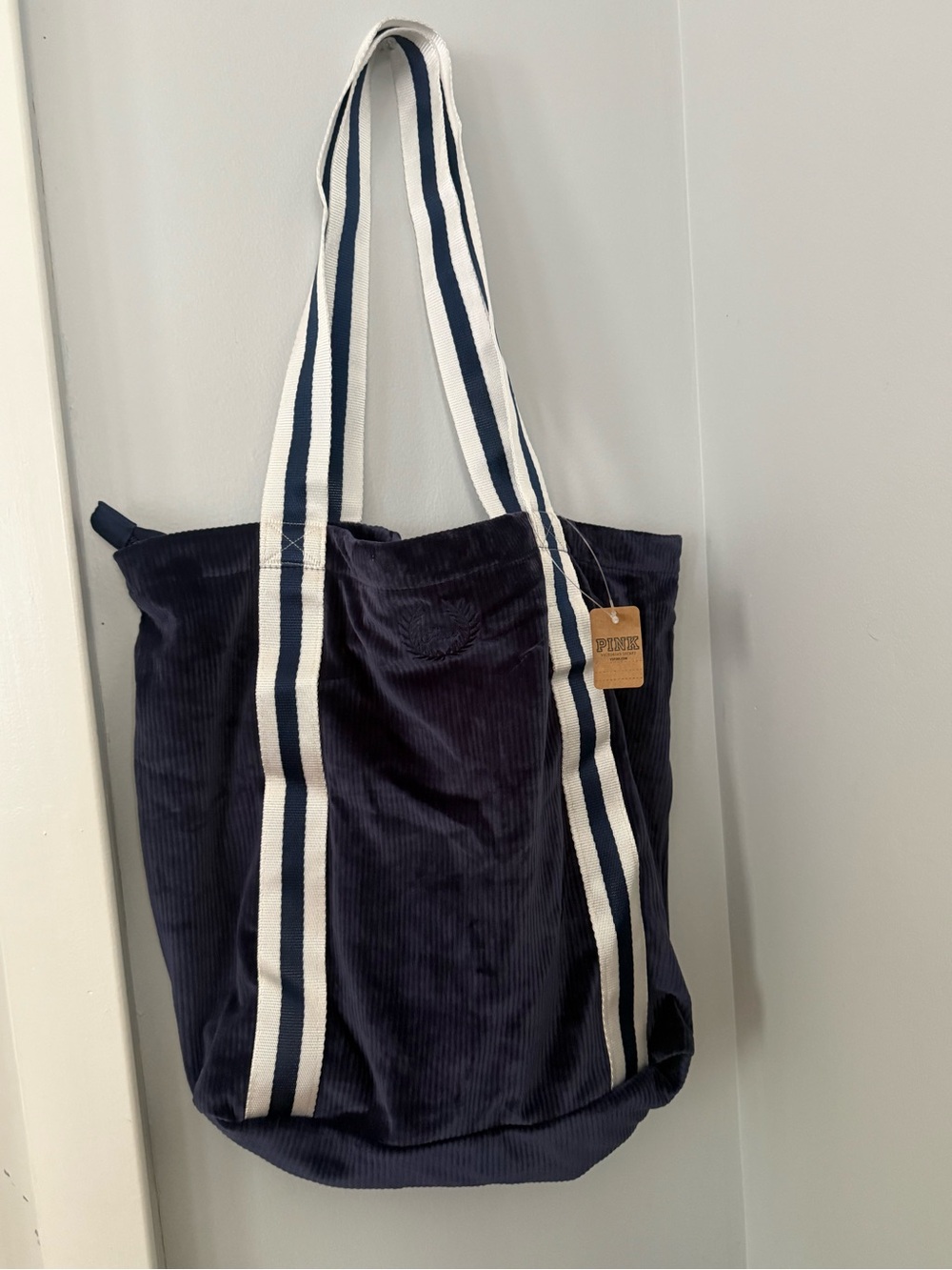 PINK Navy Corduroy Tote with Striped Handles